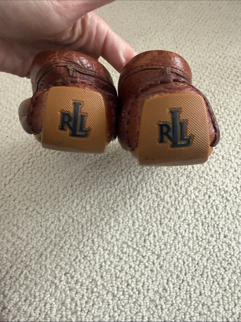 Ralph Lauren Brown Pebbled Leather Penny Loafers with Gold RL Medallion, 7 - Picture 4 of 7